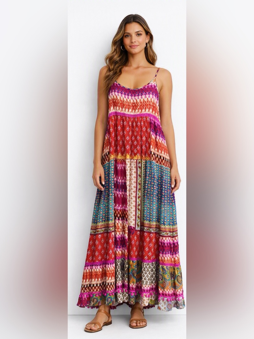 America & Beyond Fuchsia Rose Paisley 100% Viscose Boho Maxi Patchwork Dress